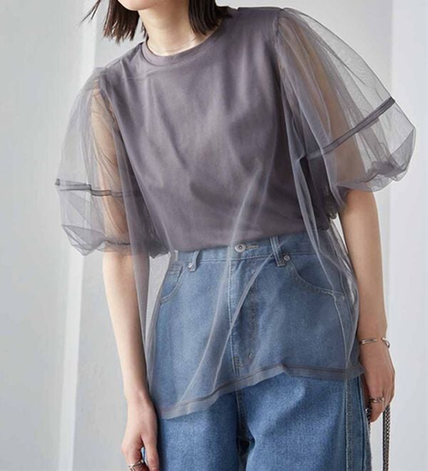 RANAN（ラナン）の「【ひんやり】チュールレイヤードパフスリーブTシャツ（カットソー）」｜詳細画像
