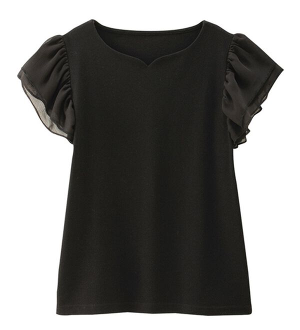 alotta（アロッタ）の「テレコリブ異素材フレアー袖トップス（カットソー）」｜ブラック