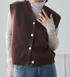 RANAN（ラナン）の「【ムースタッチ】洗える！ゴールド調ボタンニットベスト（ベスト）」｜ブラウン