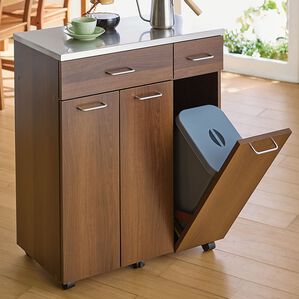 美品　【希少デザイン】ステンレスダストボックス／ゴミ箱 無垢材製天板付き 美品 【希少デザイン】ステンレスダストボックス／ゴミ箱 無垢材