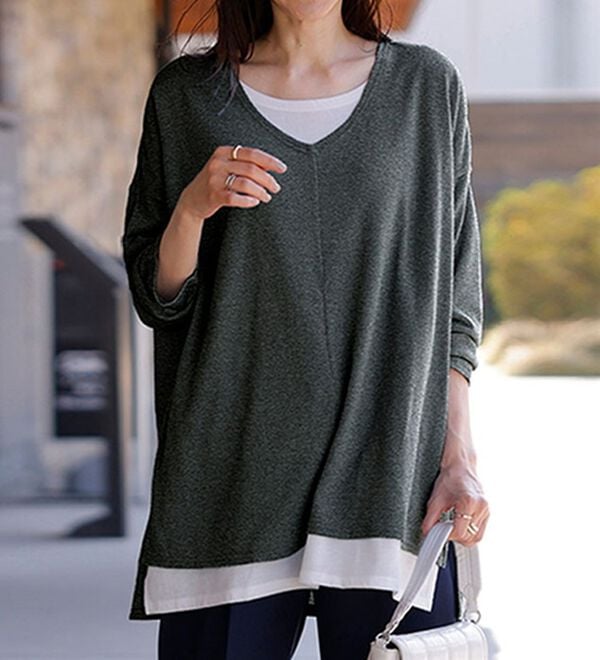 RANAN（ラナン）の「レイヤード風ニットソーチュニック（チュニック）」｜チャコールグレー