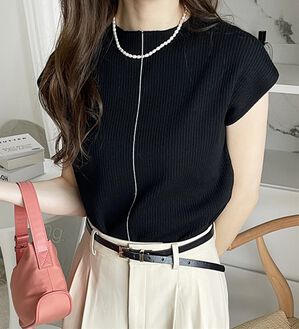 GeeRA（ジーラ）の「配色ラインフレンチスリーブニット（ニット・セーター）」｜ブラック