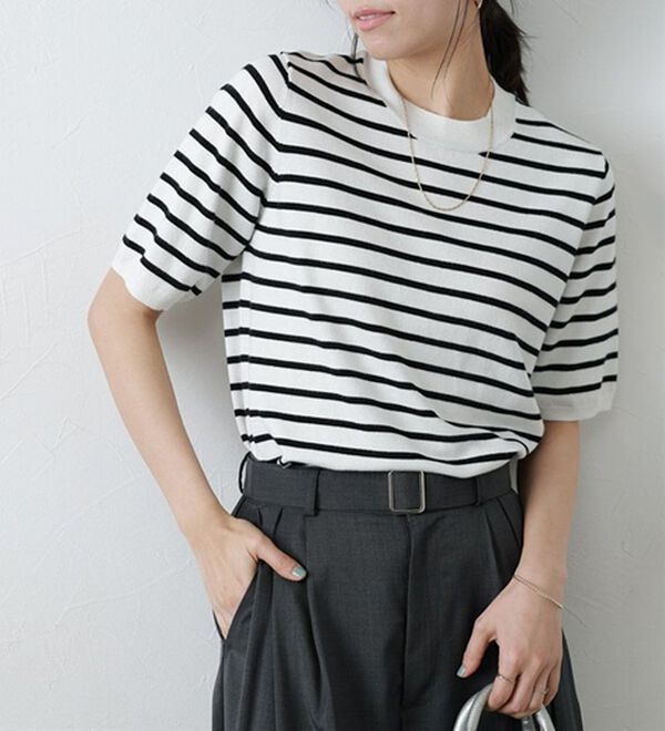 Pierrot（ピエロ）の「【洗濯機で洗える】【ＵＶカット】シルクタッチ半袖ニット（ニット・セーター）」｜詳細画像