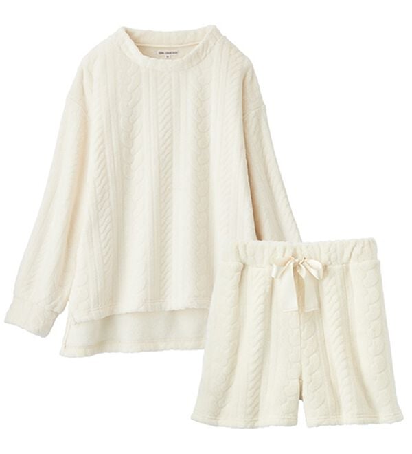 YU'NOW（ユナウ）の「【上下２点セット】ケーブル風フリースルームウェア＆ショートパンツセット（パジャマ・ルームウェア）」｜詳細画像