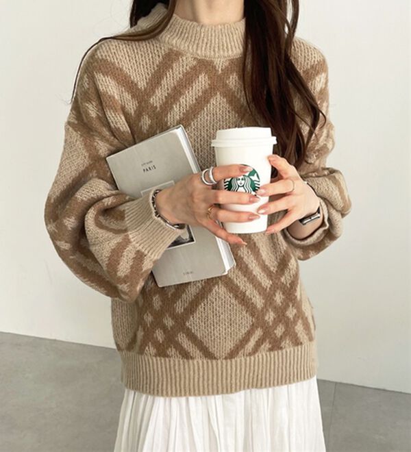 45R プルオーバー　100%ウール　チェック柄　ニット モヘアライクチェック柄ニットプルオーバー - ベルーナ【公式】