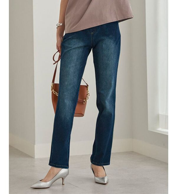 BELLUNA（ベルーナ）の「ヒンヤリ快適！接触冷感ニットデニムパンツ（フルレングスパンツ）」｜インディゴ(加工有)