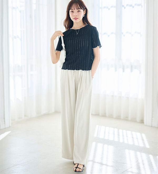 RANAN（ラナン）の「インせず着られる！透かし柄メロー配色Ｔシャツ（カットソー）」｜詳細画像