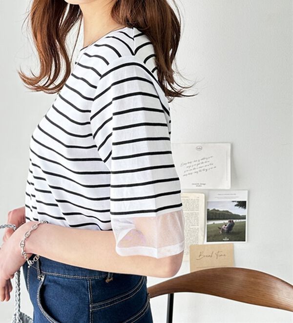 GeeRA（ジーラ）の「綿１００％袖シアー切替シルケットＴシャツ（Tシャツ）」｜詳細画像