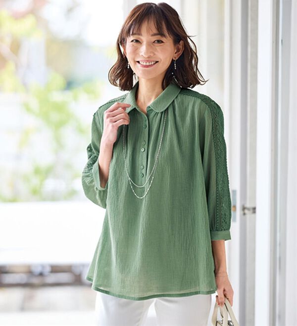 BELLUNA（ベルーナ）の「暑い夏に着たい！涼やか綿１００％ブラウス（ブラウス）」｜グリーン