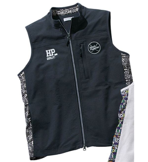 「＜ハッシュパピー・ゴルフ＞異素材切替ストレッチ総柄ベスト（メンズベスト）」｜グレー／黒