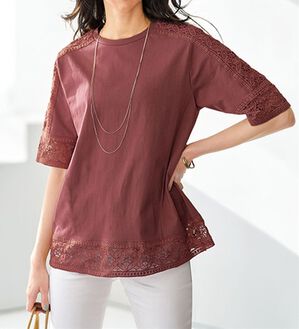 BELLUNA（ベルーナ）の「花柄レース使いデザインプルオーバー（カットソー）」｜ローズ