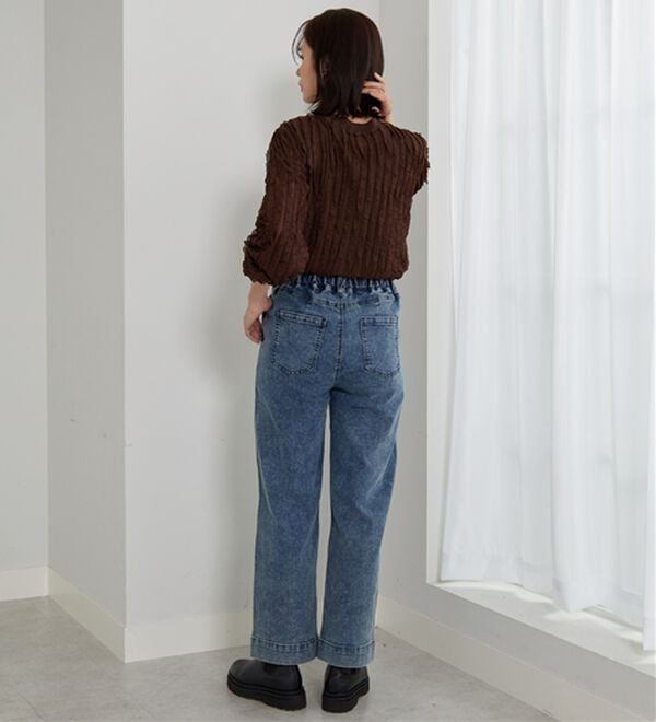 BELLUNA（ベルーナ）の「【選べる2丈】裾切替デザインワイドストレートデニム（ワイドパンツ・ガウチョ）」｜詳細画像