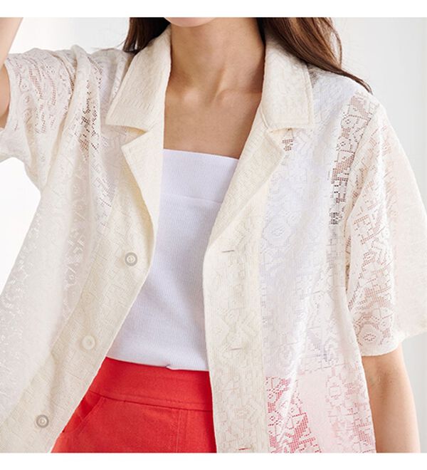 RANAN（ラナン）の「オープンカラーメッシュレースシャツ（シャツ）」｜ホワイト