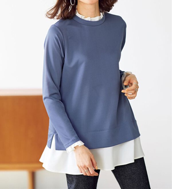BELLUNA（ベルーナ）の「これ一枚でおしゃれ！重ね着風カットソーチュニック（チュニック）」｜ブルー