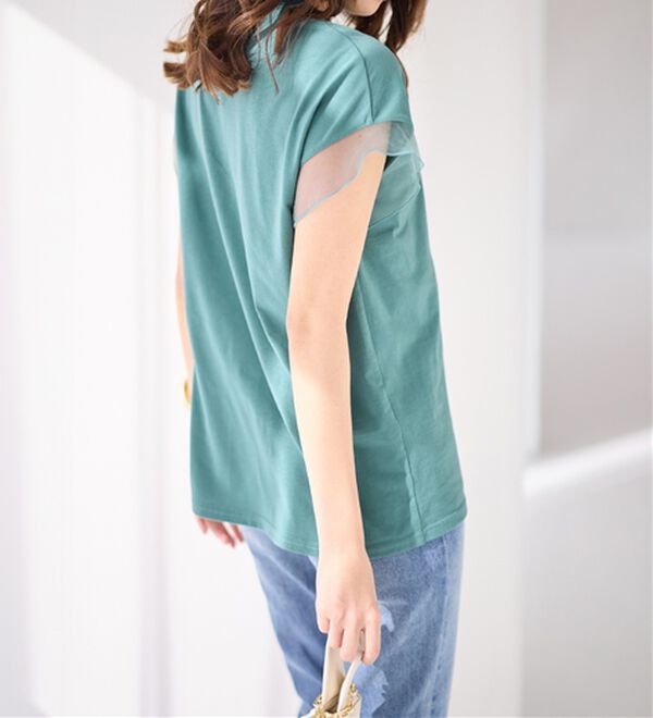 alotta（アロッタ）の「１枚でこなれ感！袖チュールデザイン綿混Ｔシャツ（Tシャツ）」｜詳細画像