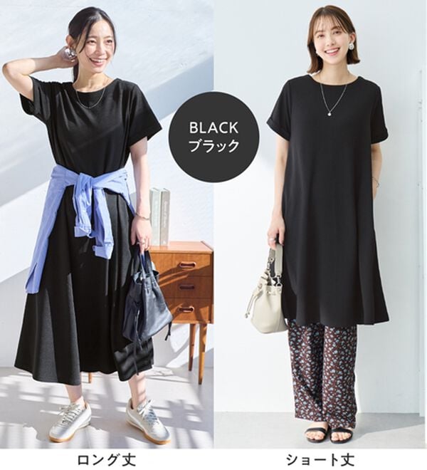 「ひんやり＆シワになりにくい　丈が選べる！エンボス素材Ａラインワンピース（カットソーワンピース）」｜詳細画像