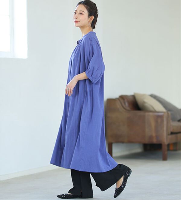 A HAPPY MARILYN（アハッピーマリリン）の「【Ｌ～６Ｌ】【風通るプレミアム】綿１００％ 楊柳 五分袖 ギャザーたっぷりワンピース（カットソーワンピース）」｜詳細画像