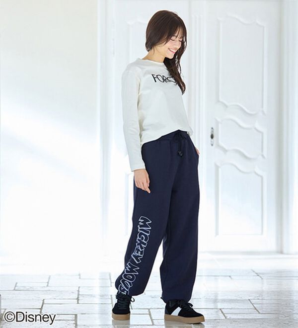 BELLUNA（ベルーナ）の「＜Ｄｉｓｎｅｙ＞【ミッキー】ロゴプリント裏起毛スウェットパンツ（ワイドパンツ・ガウチョ）」｜詳細画像