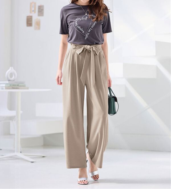 alotta（アロッタ）の「【４つの機能付】ひんやり共布リボン付ワイドパンツ（ワイドパンツ・ガウチョ）」｜詳細画像