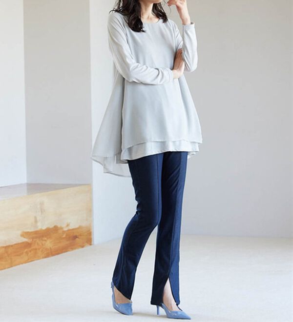 RANAN（ラナン）の「ひんやり！デニム調スリットパンツ（フルレングスパンツ）」｜詳細画像