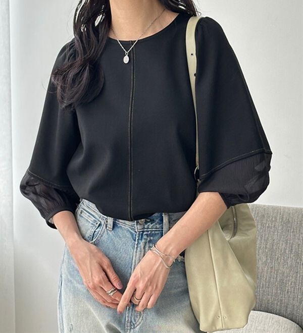 GeeRA（ジーラ）の「袖シアー切替ランタンスリーブトップス（カットソー）」｜詳細画像