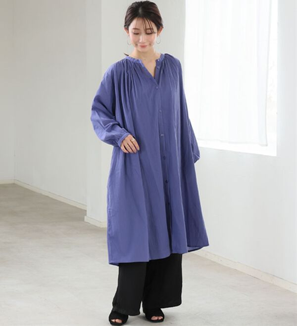 A HAPPY MARILYN（アハッピーマリリン）の「【Ｌ～６Ｌ】【選べる袖丈】【風通るプレミアム】綿・楊柳シャツチュニック（チュニック）」｜詳細画像