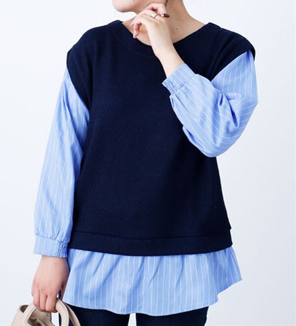 BELLUNA（ベルーナ）の「あぜ素材シャツフェイクチュニック（チュニック）」｜ネイビー系