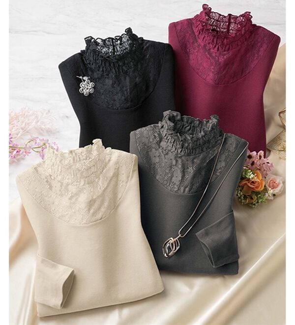 LAVIENNE（ラヴィエンヌ）の「【４色組】綿１００％レースネックインナー（肌着・インナーウェア）」｜4色組