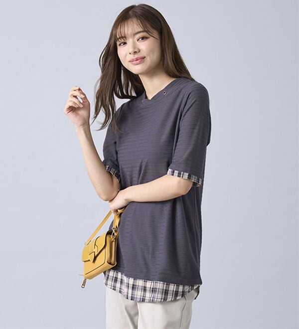 BELLUNA（ベルーナ）の「ひんやり冷感！タックジャカード素材重ね着風プルオーバー（カットソー）」｜詳細画像