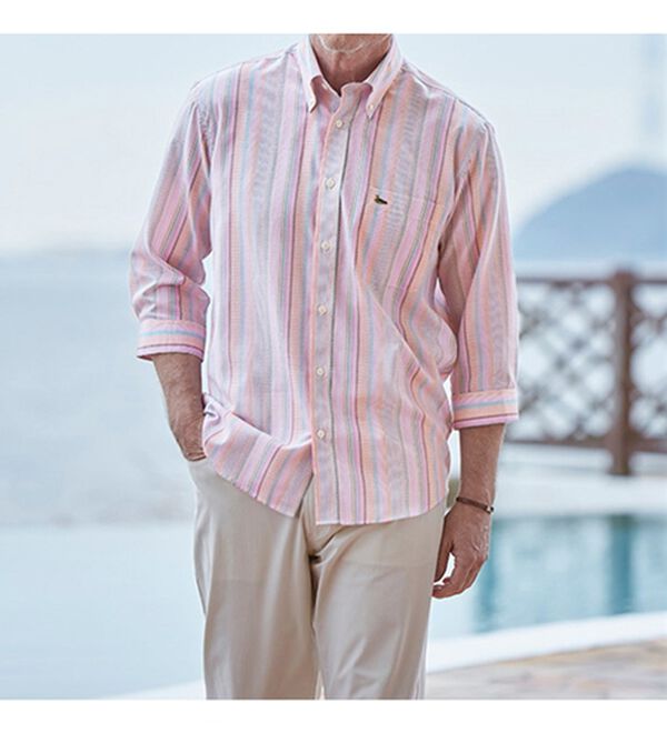 「【２色組】＜デコイ＞華やかマルチストライプ７分袖シャツ（メンズシャツ）」｜詳細画像