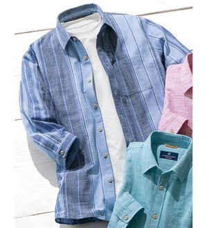 「＜コムルヴァン・オム＞綿１００％さらっと強撚７分袖シャツ（メンズシャツ）」｜ブルーストライプ