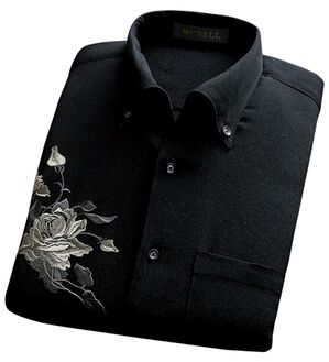 「日本製　バラ刺しゅうワンピース衿シャツ（メンズシャツ）」｜ブラック