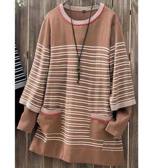 ルフラン（ルフラン）の「重ね着風ボーダーニットチュニック＜ミレット＞（ニット・セーター）」｜モカ系