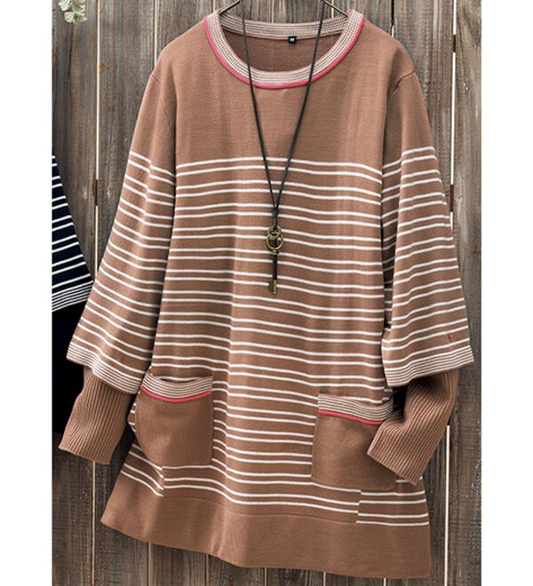 ルフラン（ルフラン）の「重ね着風ボーダーニットチュニック＜ミレット＞（ニット・セーター）」｜モカ系