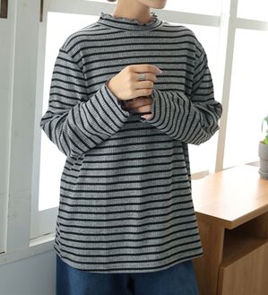 A HAPPY MARILYN（アハッピーマリリン）の「【ＬＬ～６Ｌ】「沿わないネック」で苦しくない。ミルリブ プチハイカットソー（カットソー）」｜ボーダー