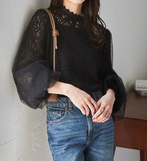 RANAN（ラナン）の「チュールドッキングフラワーレースキャンディースリーブブラウス（ブラウス）」｜ブラック