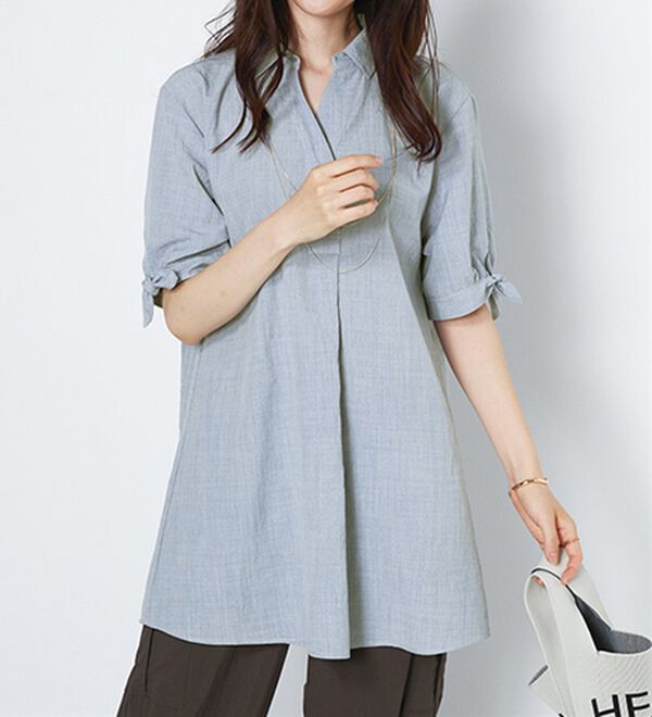 BELLUNA（ベルーナ）の「【接触冷感】麻調素材袖リボン使いシャツチュニック（チュニック）」｜詳細画像