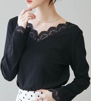 RANAN（ラナン）の「チュールレースＶネックリブロンＴＥＥ（カットソー）」｜詳細画像