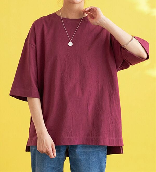 BELLUNA（ベルーナ）の「ひんやリッチコットン大人のゆったりプルオーバー（カットソー）」｜バーガンディ