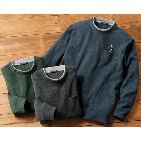 「重ね着手間いらずの上品見え杢調ニットトレーナー（メンズトレーナー）」｜詳細画像