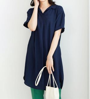 BELLUNA（ベルーナ）の「レーヨンナイロン素材シャツワンピース（その他ワンピース）」｜ネイビー