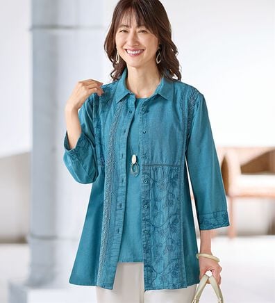 BELLUNA（ベルーナ）の「綿１００％洗い加工刺しゅう切替アンサンブル（ブラウス）」