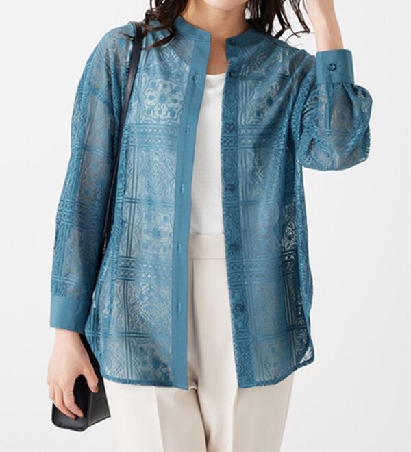 BELLUNA（ベルーナ）の「上品レース素材シャツチュニック（チュニック）」｜ターコイズ