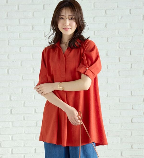 BELLUNA（ベルーナ）の「【接触冷感】麻調素材袖パール付シャツチュニック（チュニック）」｜詳細画像