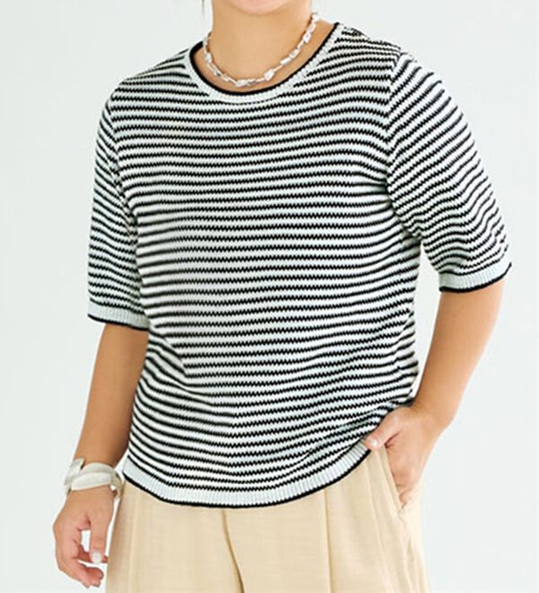 BELLUNA（ベルーナ）の「【小柄さん用】さらりと涼やかボーダーニットプルオーバー（ニット・セーター）」｜オフ白／黒