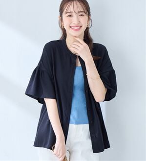 alotta（アロッタ）の「バンドカラーフレアー袖ブラウス（ブラウス）」｜ネイビー