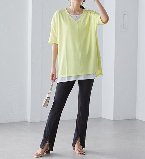 RANAN（ラナン）の「ひんやり！デニム調スリットパンツ（フルレングスパンツ）」｜詳細画像