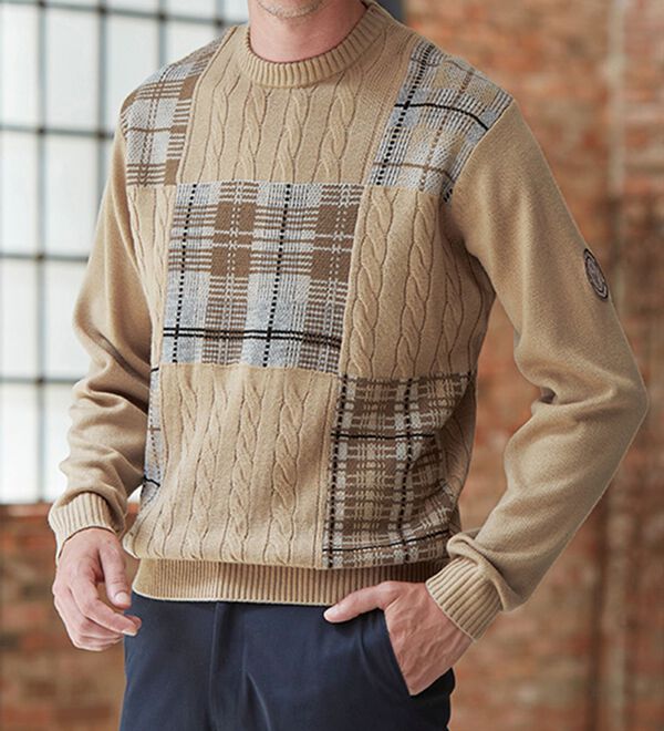 「＜ハッシュパピー＞パッチワークケーブルセーター（メンズニット・セーター）」｜詳細画像