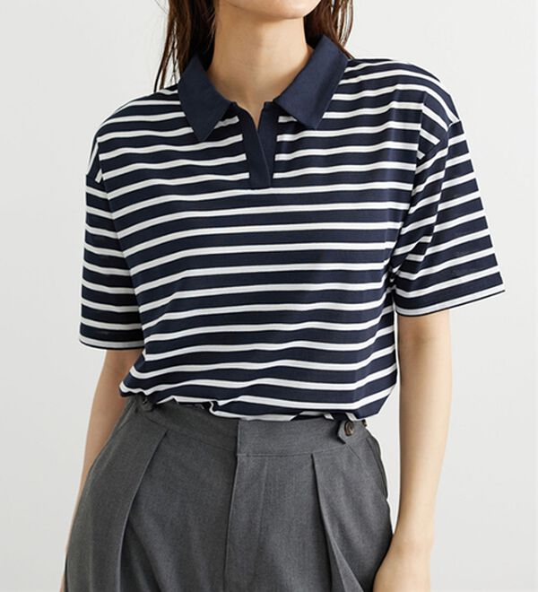 BELLUNA（ベルーナ）の「ボーダー柄スキッパーポロシャツ（カットソー）」｜詳細画像