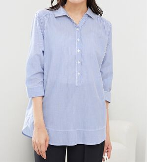 BELLUNA（ベルーナ）の「サラリ綿混！ギャザー使いシャツチュニック（チュニック）」｜ストライプ